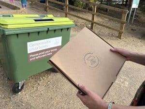 Compostable pizza box and bin at Wells Beach Cafe