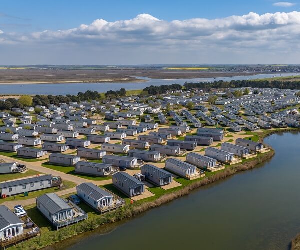 Aerial drone photo showing caravan holiday homes surrounded by lake and estuary, with a blue sky, in Wells-next-the-Sea