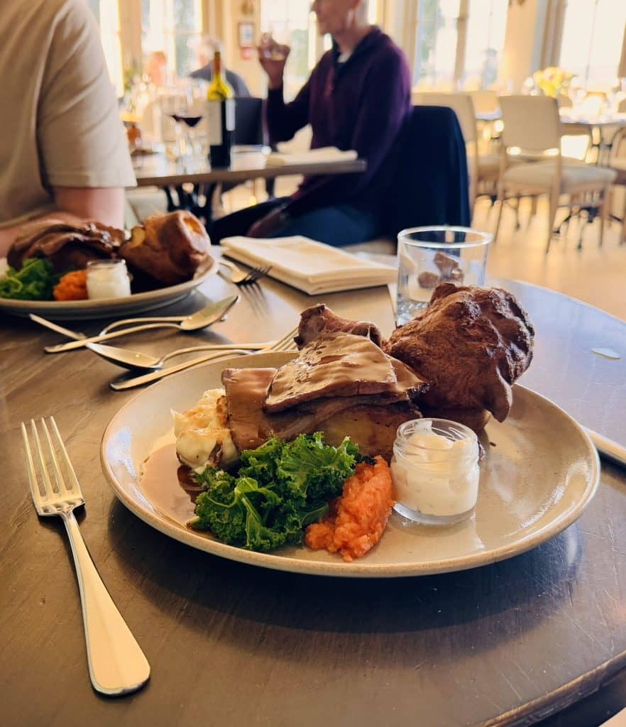 A roast beef dinner on a table at The Victoria